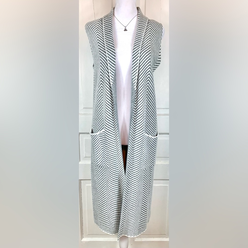 London Kaye Herringbone Sleeveless Long Sweater Cardigan - Duster - Pockets